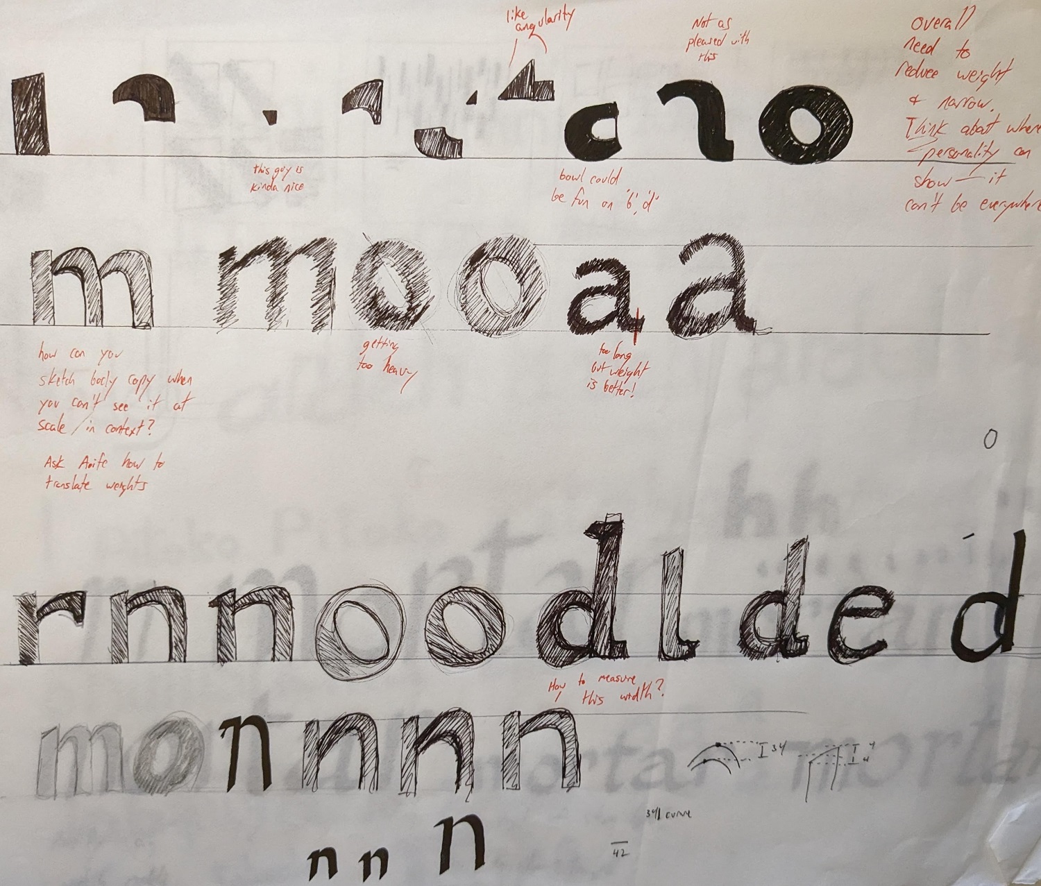 sketches of letterforms with notes