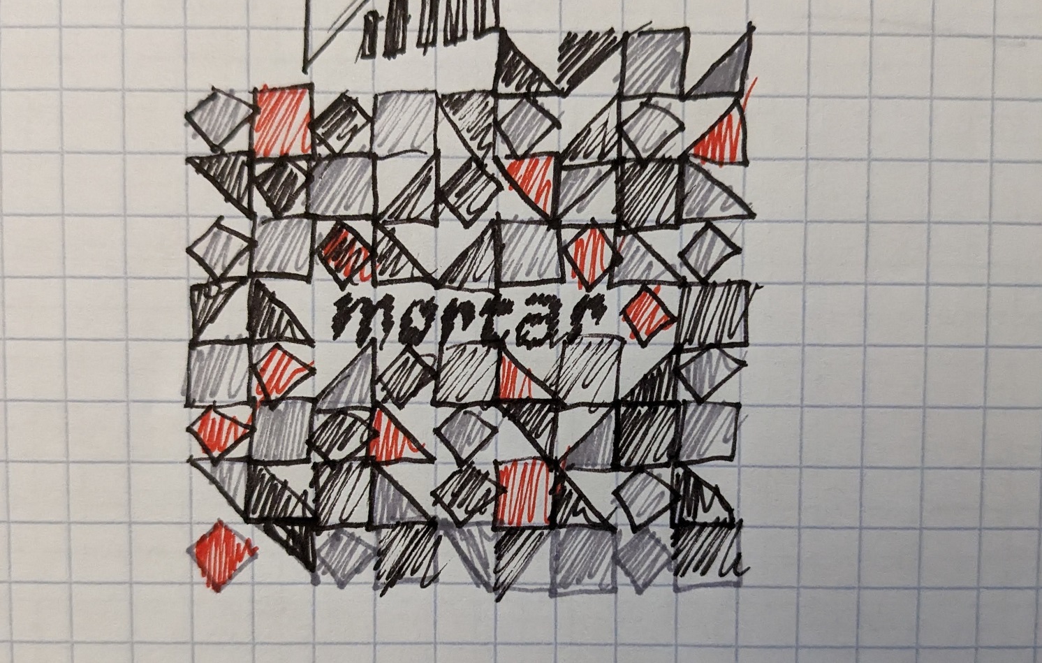 sketches of geometric shapes and the word mortar on grid paper